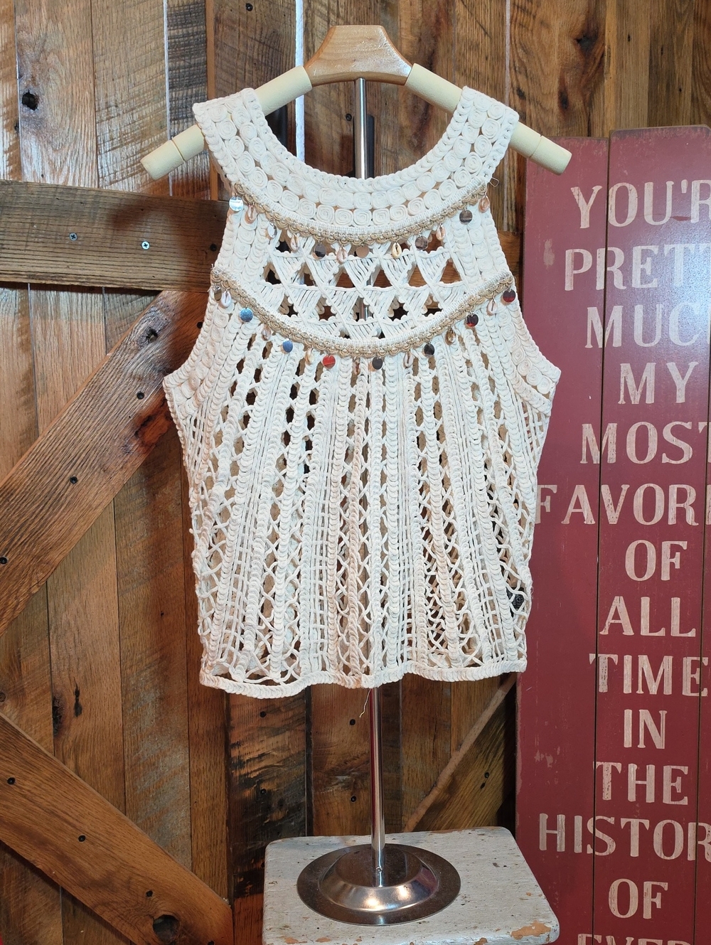 223p POL Cream Crochet Halter Tank with Metallic Accents